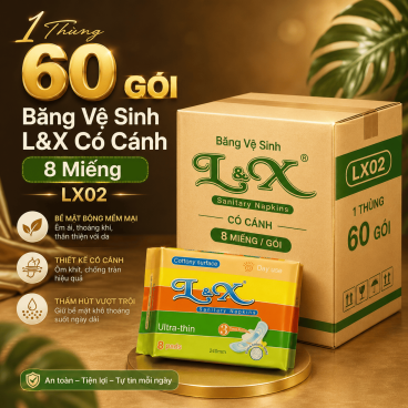 [1 thùng 60 Gói] Băng Vệ Sinh L&X 02 Có Cánh 8 Miếng