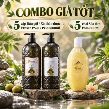 [Combo giá tốt] 5 Cặp Dầu gội/ Xả PS20/PC20 800ml + 5 Sữa tắm Prosee 600ml màu vàng PM4Đ - Chống dầu, tạo phồng cho tóc mỏng